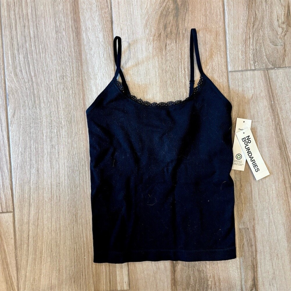 No Boundaries Camisole Tank Top Womens XS Black Ribbed Lace Trim Straps